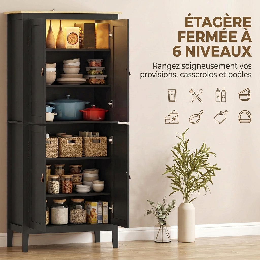 Buffet cuisine, meuble cuisine rangement haut avec LED réglable et détecteur de mouvement, 80 x 40 x 176,5 cm, noir-4