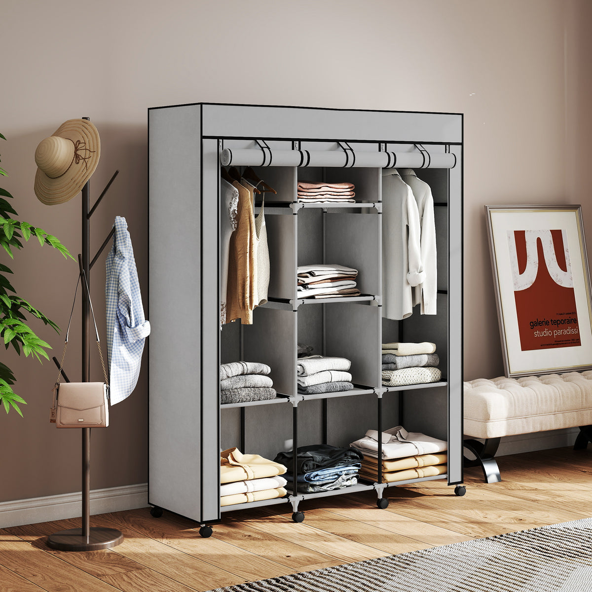Armoire penderie multi-rangement - 8 étagères, 2 barres - non tissé gris-7