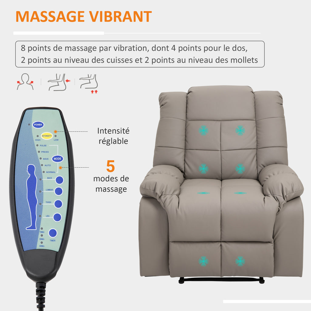 Fauteuil de massage fauteuil de relaxation massant avec dossier inclinable manuellement et repose-pied fauteuil TV revêtement synthétique télécommande incluse gris-3
