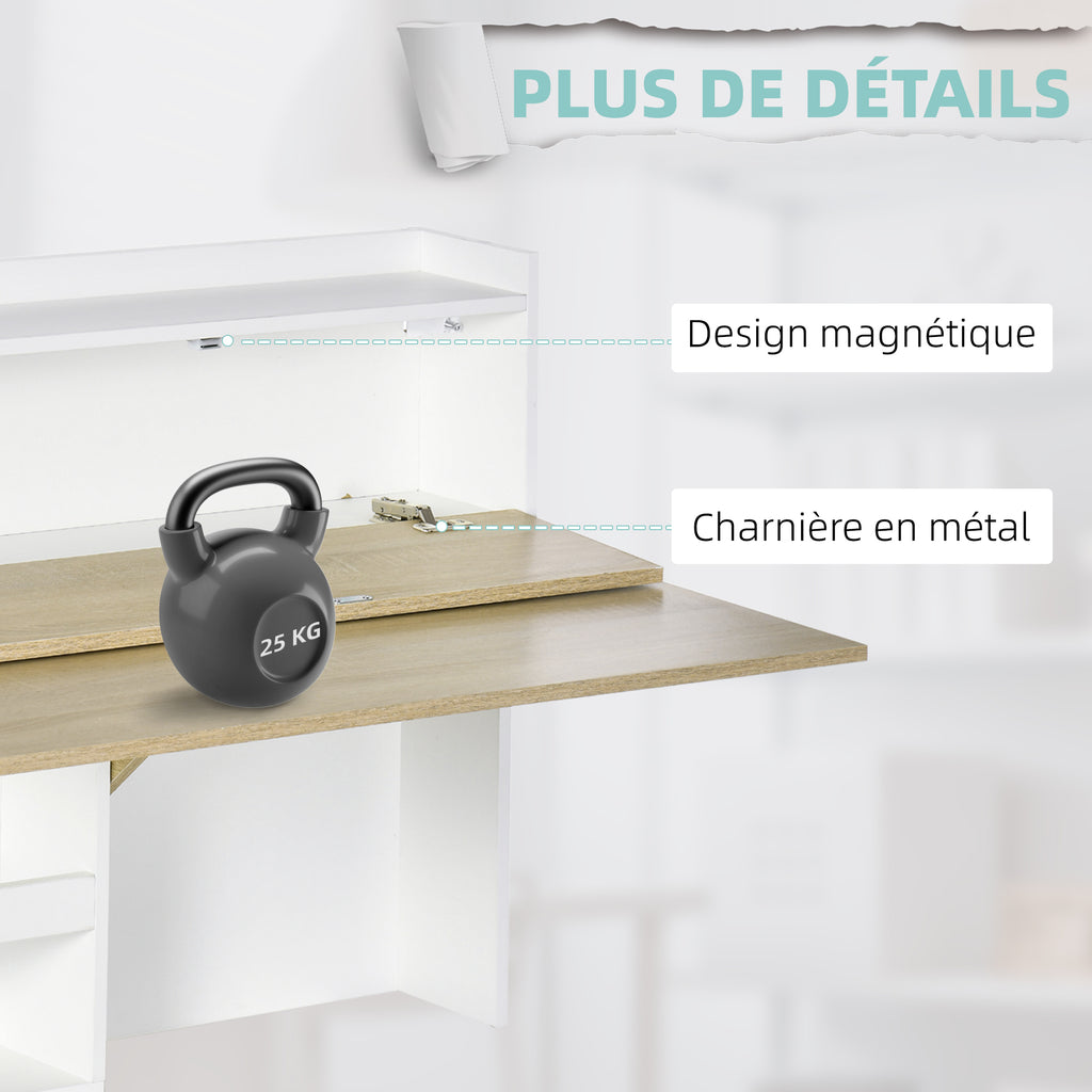 Bureau pliable mural avec étagères de rangement et placard, bureau rabattable, 100 x 18 x 74 cm effet bois naturel-5