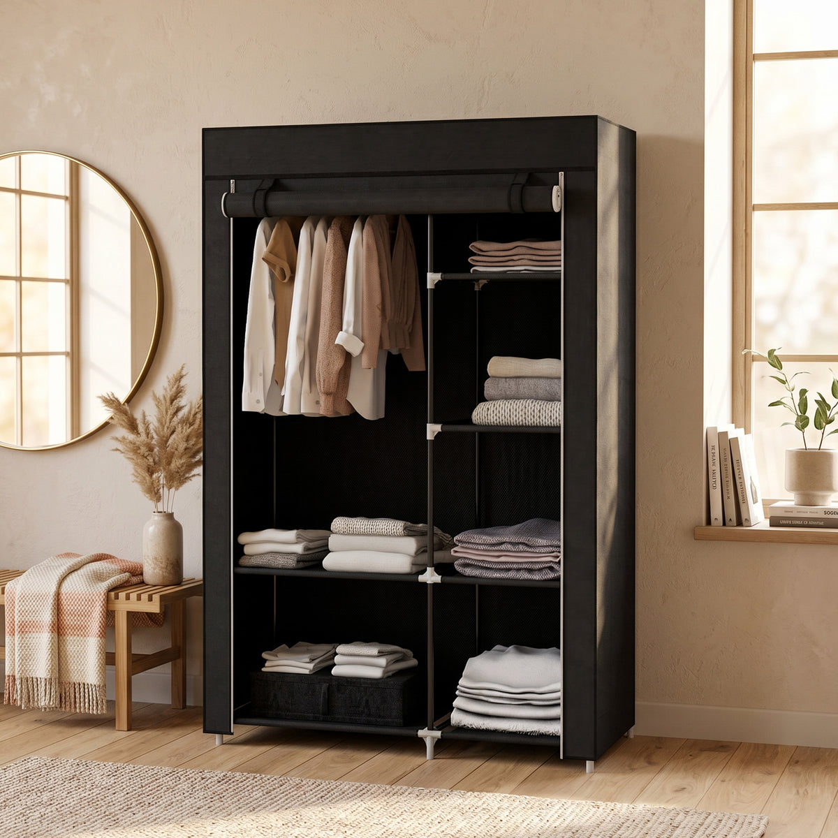 Armoire penderie multi-rangement - 6 étagères, 1 barre - non tissé noir-6