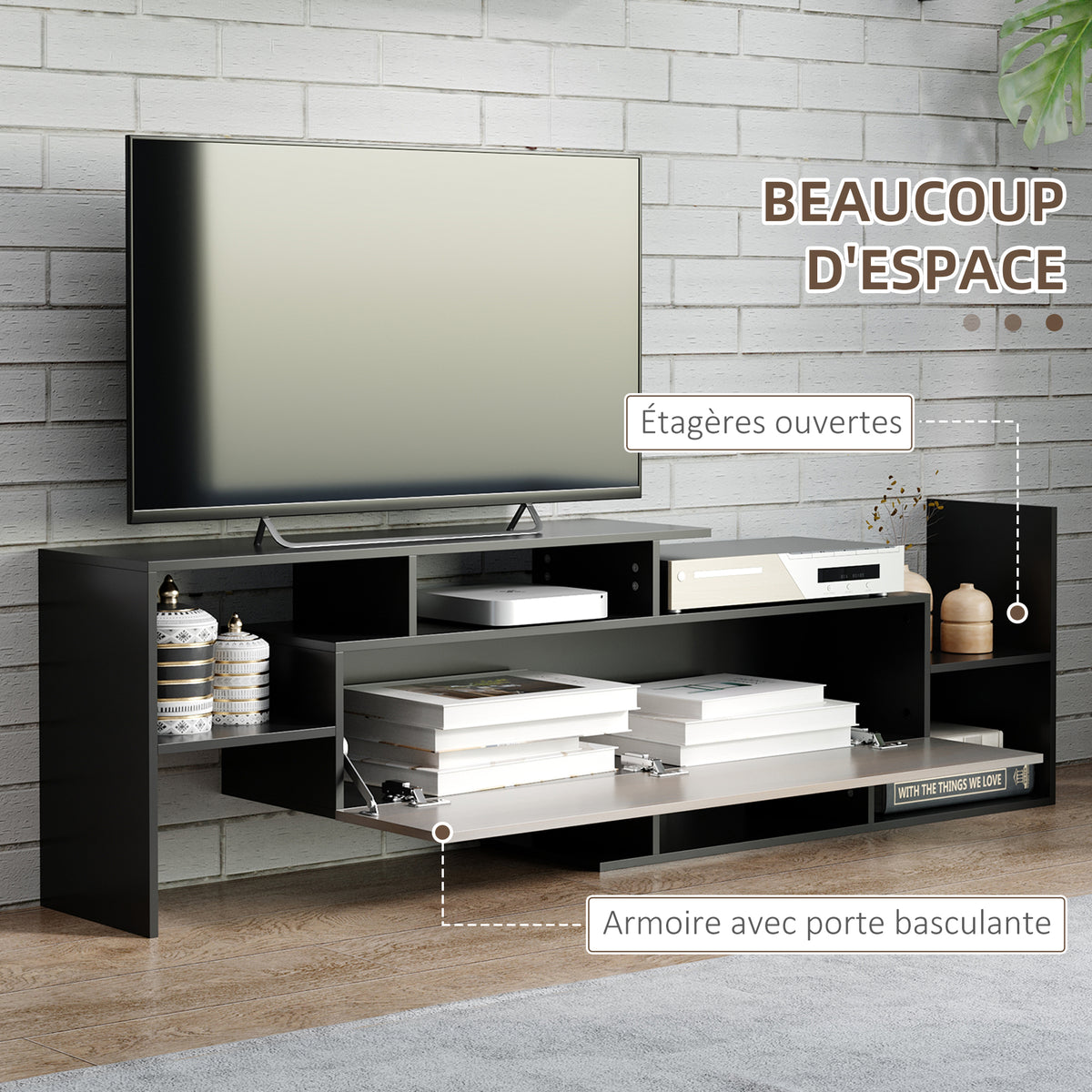 Ensemble meuble TV avec banc et étagère murale style contemporain 153,6L cm - noir-4