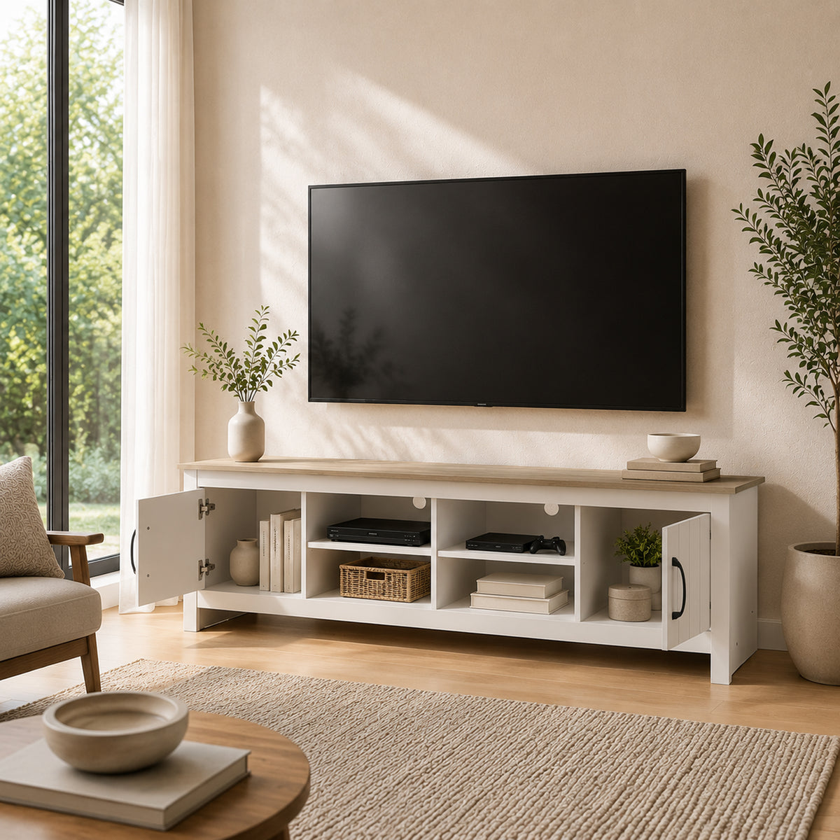 Meuble TV 175 cm, Meuble Télé pour Téléviseur jusqu'à 55 Pouces avec 2 Portes et 4 Compartiments Ouverts, Chêne et Blanc-8