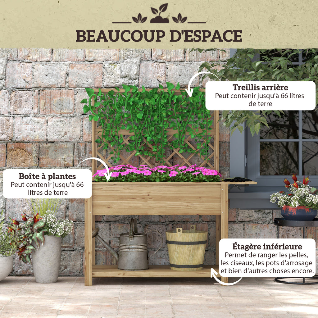 Jardinière rectangulaire sur pieds avec treillis 2 tablettes latérales rabattables 1 étagère inférieure bois-3