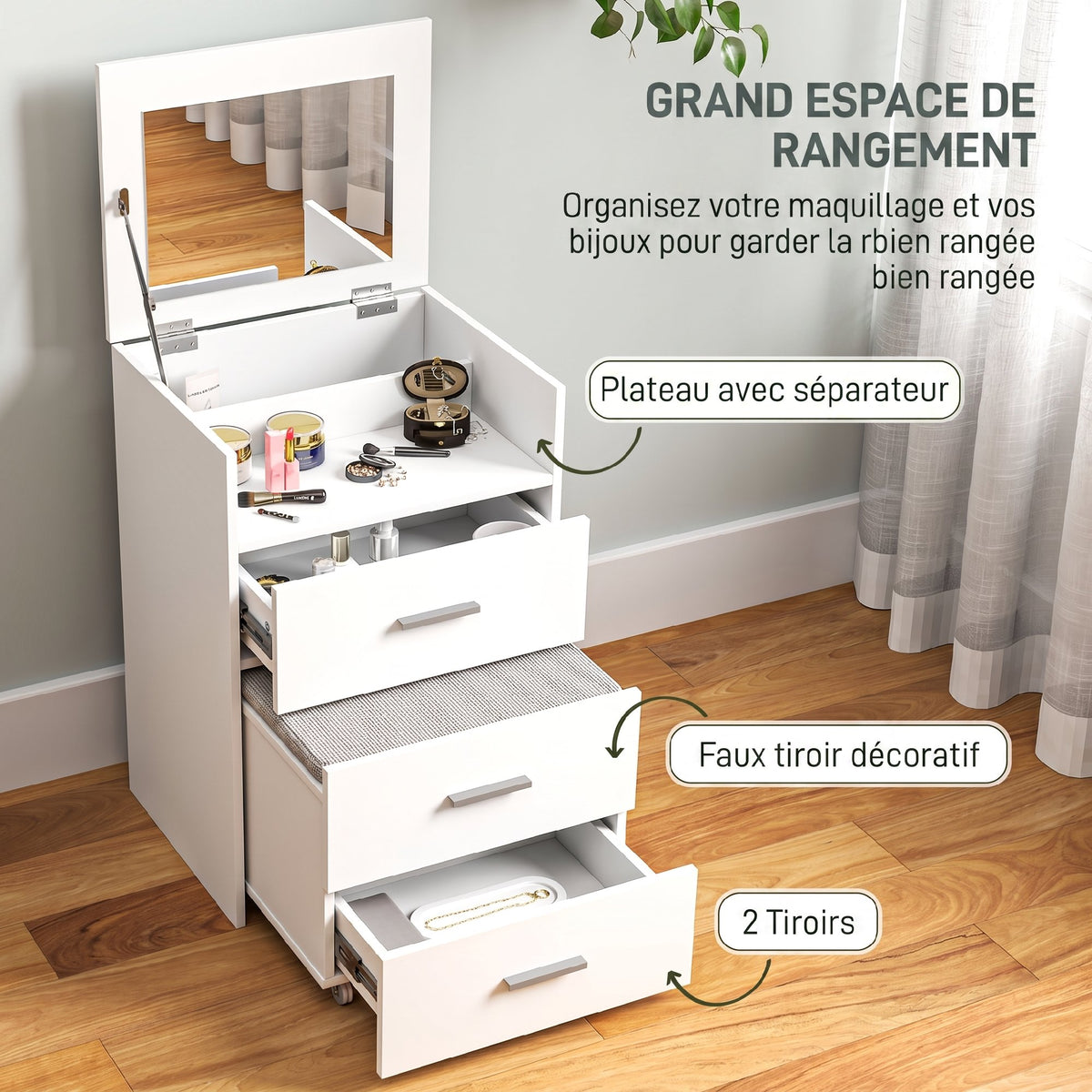 Coiffeuse avec miroir relevable et tabouret à roulettes, table de maquillage avec 2 tiroirs, coussin amovible, blanc-5