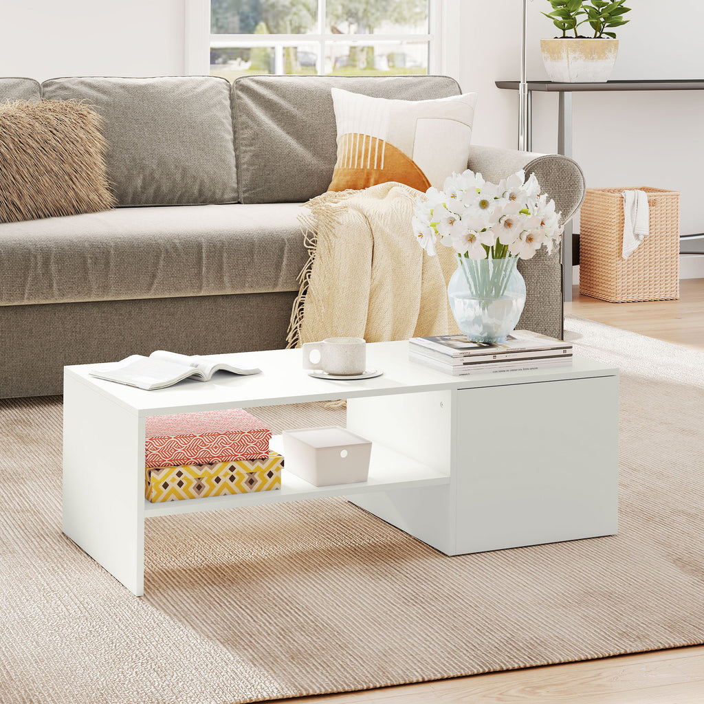 Table basse rectangulaire, table d'appoint plateau coulissant, rangement caché, étagère ouverte, 110 x 52 x 36 cm, blanc-6