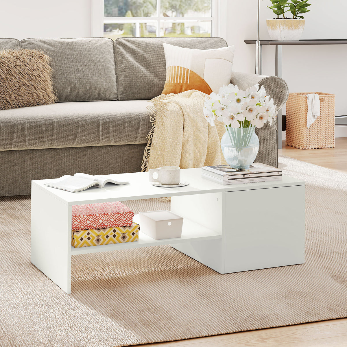 Table basse rectangulaire, table d'appoint plateau coulissant, rangement caché, étagère ouverte, 110 x 52 x 36 cm, blanc-6