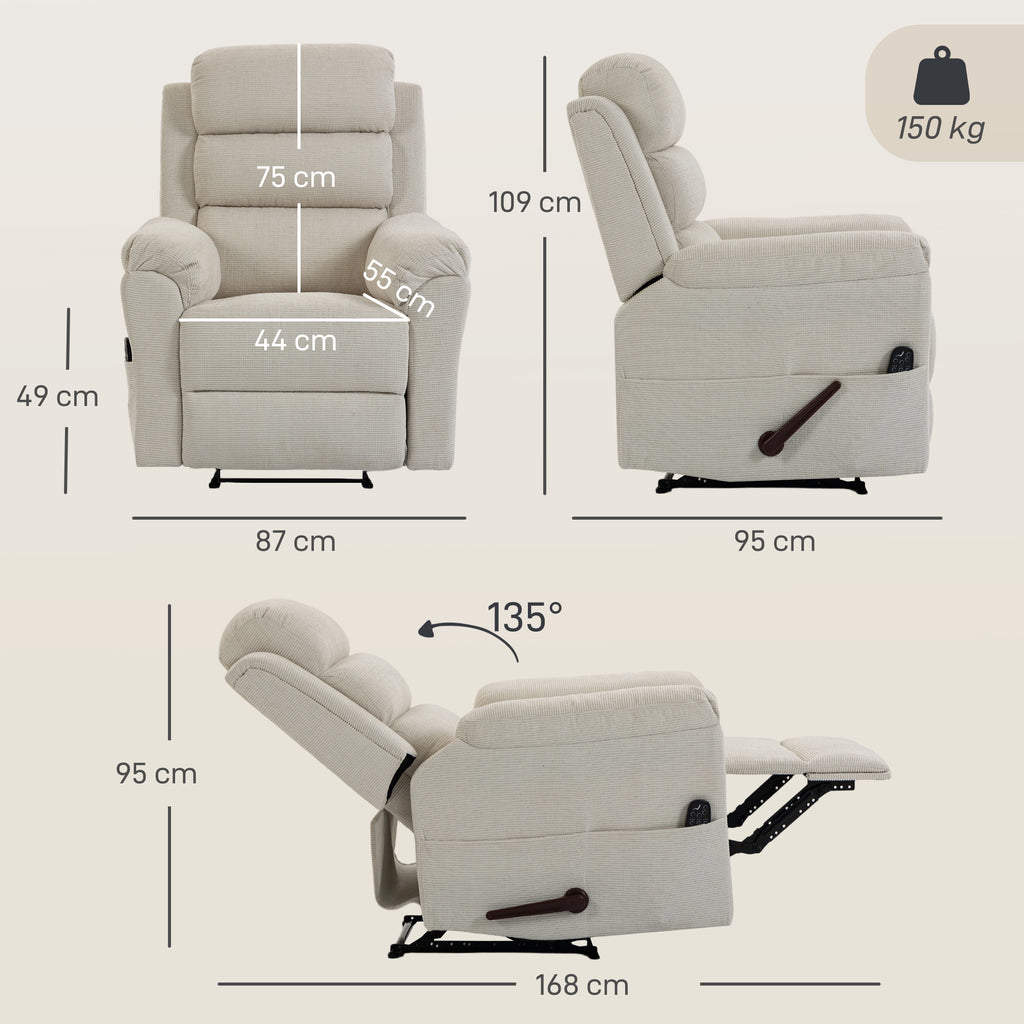 Fauteuil Inclinable de Massage et Chauffage, Fauteuil de Relaxation, Appuie-tête Réglable Poches Latérales, Crème-2