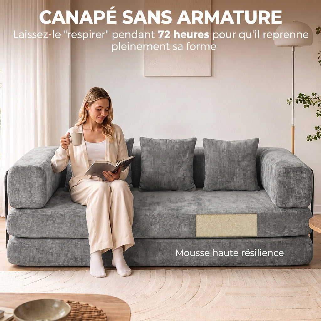 Canapé Convertible 3 Places Compressé 5 en 1, Canapé-Lit en Chenille 205cm, Assise Profonde, 2 Coussins, Gris-4