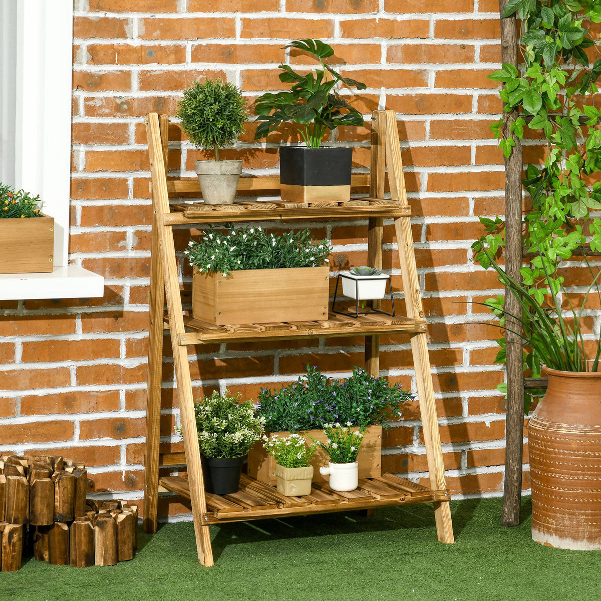 Étagère à plantes en bois forme pyramidale échelle pliante avec 3 étagères 60 x 37 x 93 cm marron-9