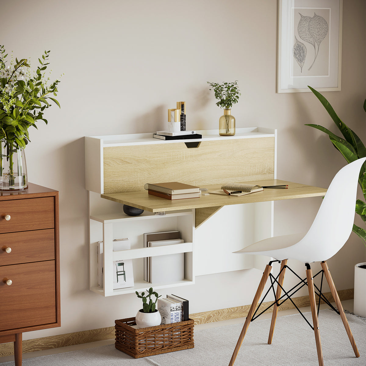 Bureau pliable mural avec étagères de rangement et placard, bureau rabattable, 100 x 18 x 74 cm effet bois naturel-9