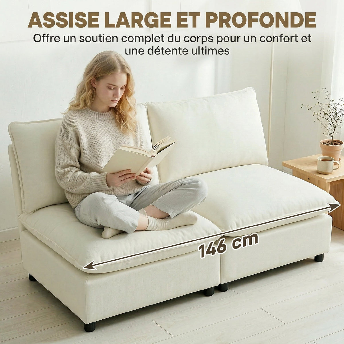 Canapé 2 places modulable, canapé de salon moderne 146 cm sans accoudoirs avec assise large, coussins épais, crème-4