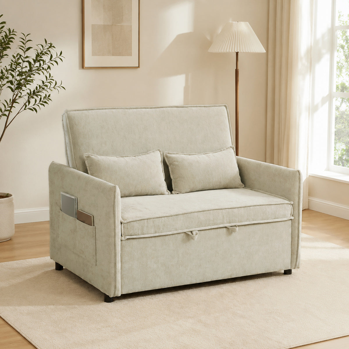 Canapé Convertible 2 Places, Canapé-Lit 3 en 1 Chenille 125 cm avec Dossier Réglable, Assise Large, 2 Oreillers, Crème-1
