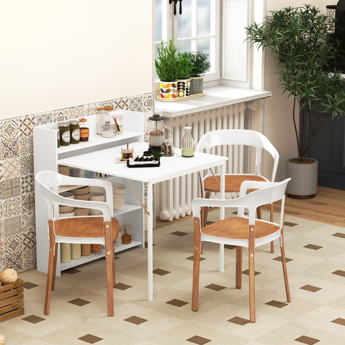 Table à manger pliante, table de cuisine pour 3 personnes, plateau à abattant et 4 étagères, 78,5x91x93cm, blanc-9