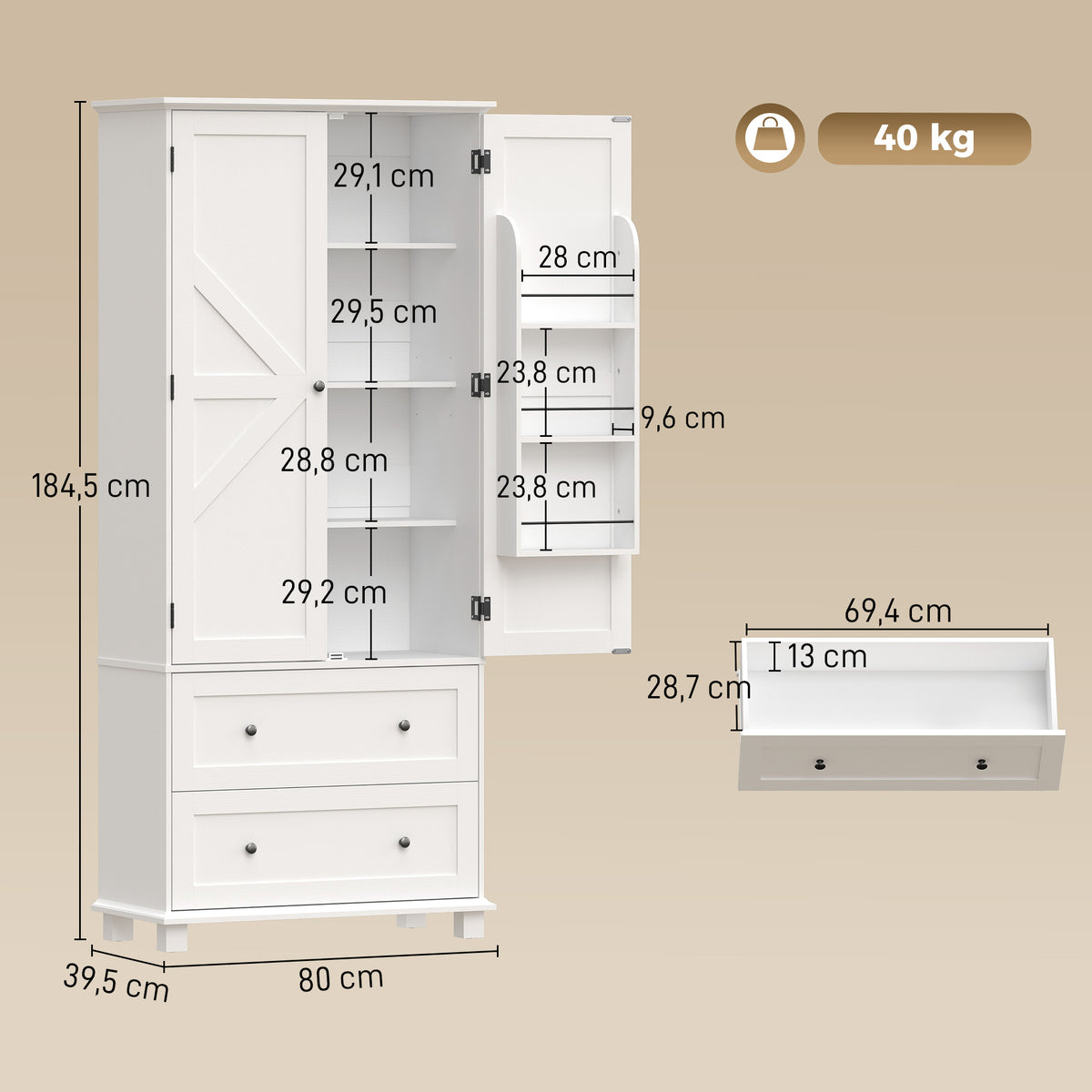 Buffet haut cuisine, armoire de cuisine 2 portes, 2 tiroirs, 6 porte-racks, étagères réglables, 80x39,5x184,5cm, blanc-2