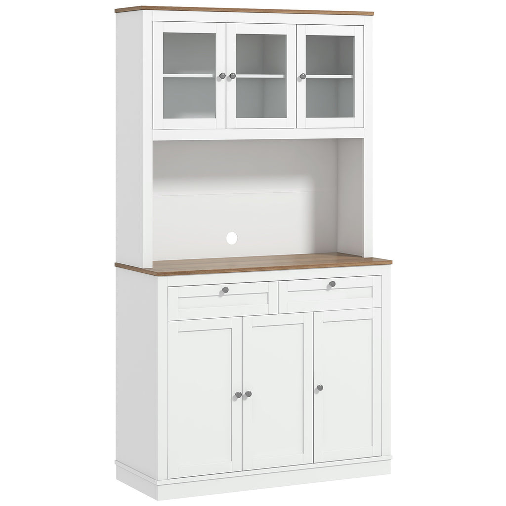 Buffet haut cuisine, armoire de cuisine, 6 portes, 2 tiroirs, plan de travail, étagères réglables, 100x40x180cm, blanc-0