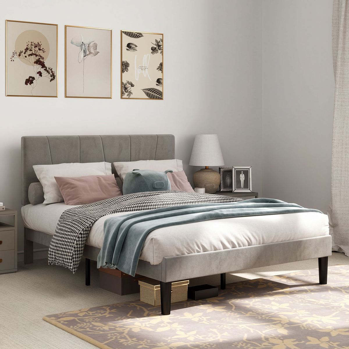 Cadre de lit double 140 x 190 cm lit 2 personnes tête de lit réglable sommier 150 x 198 x 100/105/110/115/120 cm gris-9