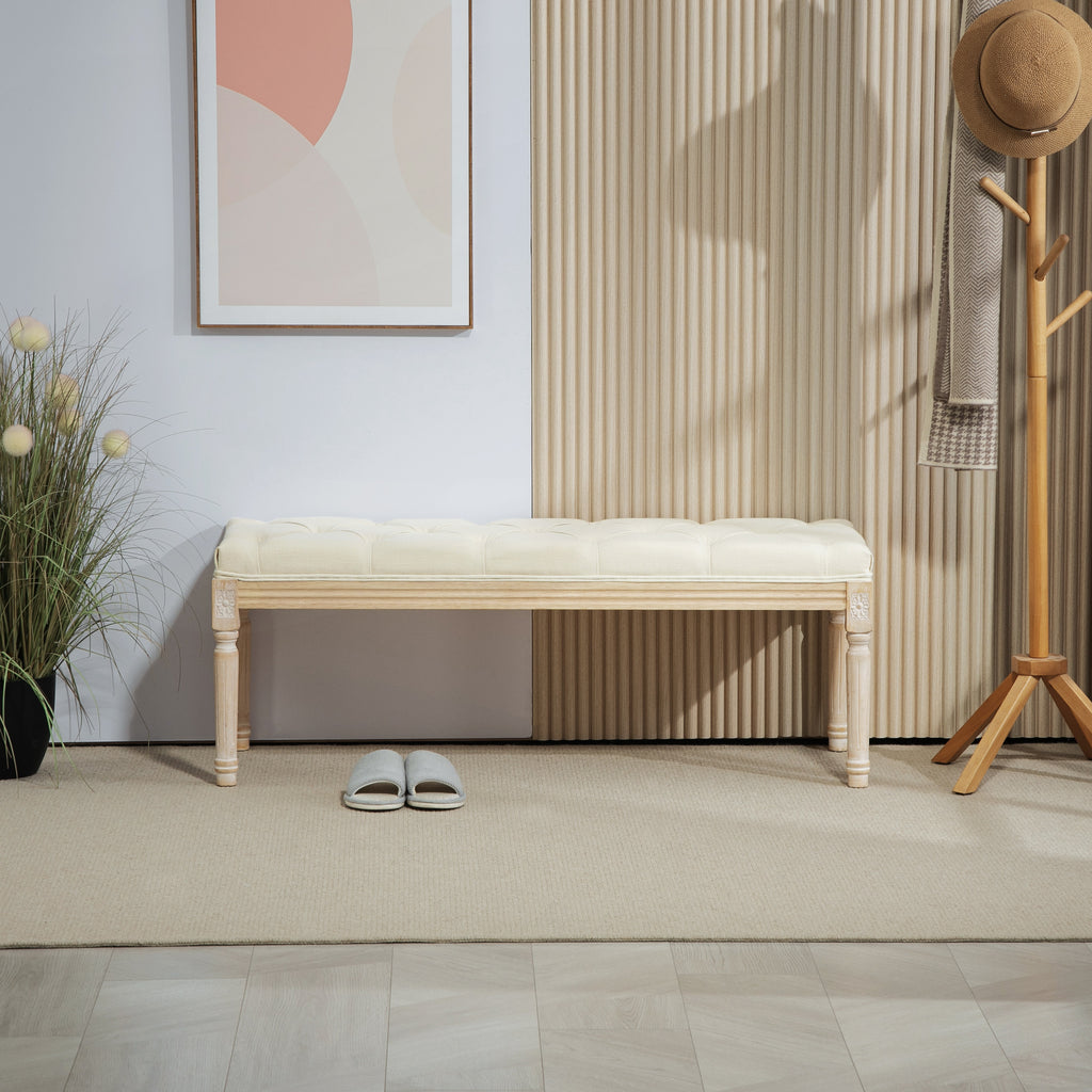 Banc Banquette classique capitonné 115cm bout de lit Rembourrée en lin - bois d'hévéa sculpté, patiné - crème-7