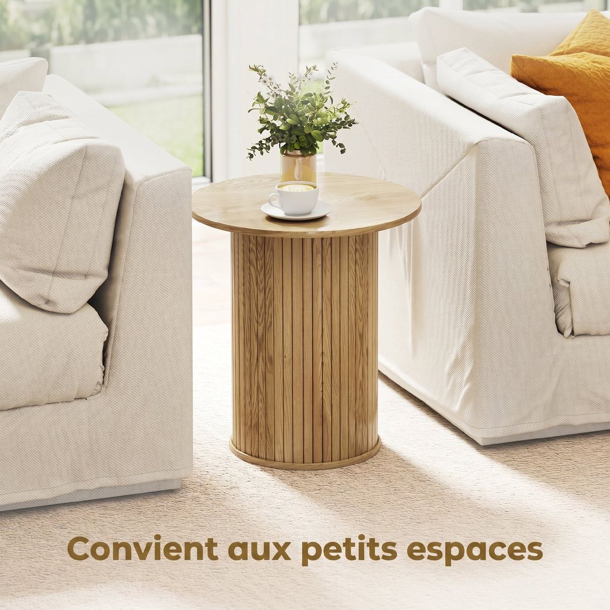 Table d'appoint ronde Ø 48 cm, table basse avec pieds cannelés pour salon, chambre ou petit espace, chêne-5