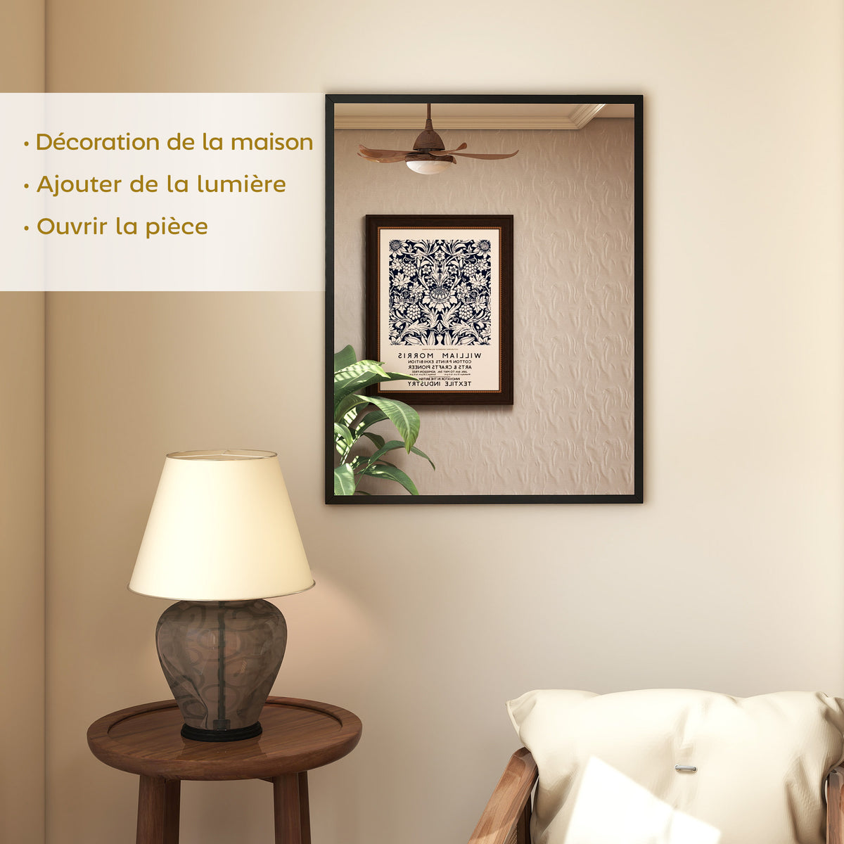 Miroir mural rectangulaire 90 x 70 cm, cadre en bois noir, idéal pour la salle de bain, salon ou chambre-3