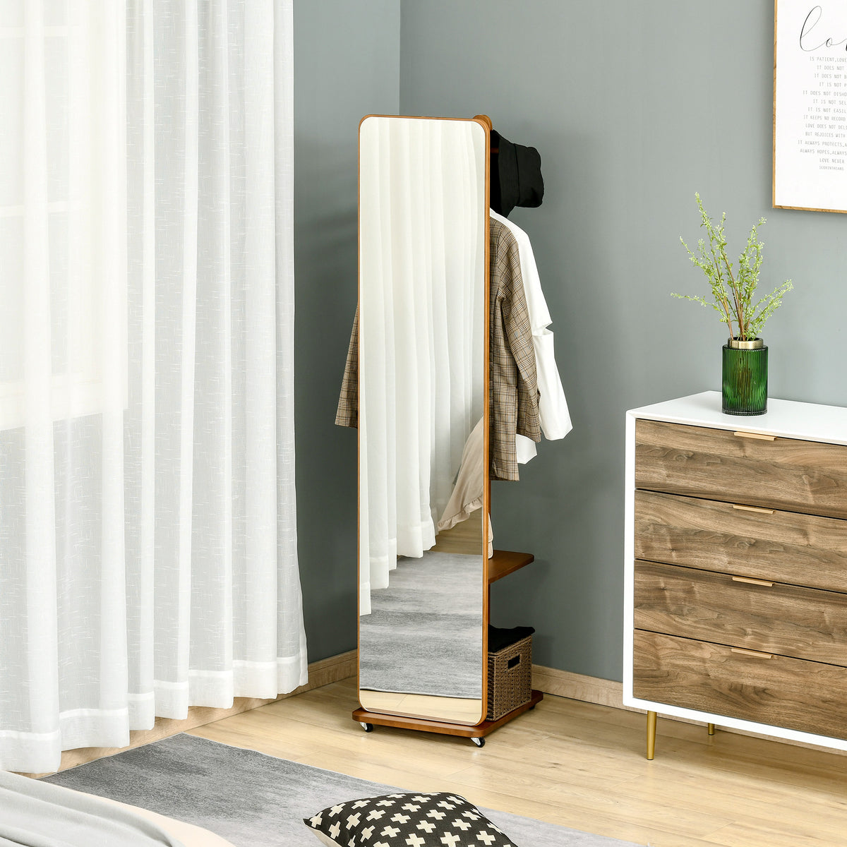 Miroir sur Pied avec roulettes - Portant, 4 patères étagère MDF Aspect Noyer-1