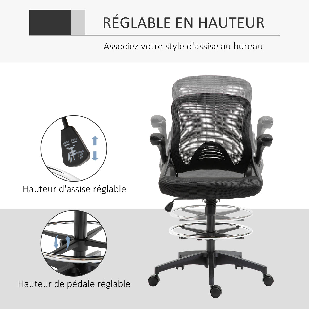 Chaise bureau ergonomique, fauteuil de bureau avec repose-pieds, chaise de dessin à dossier en maille, hauteur réglable, accoudoirs, assise rembourrée et pivotante 360°, noir-3