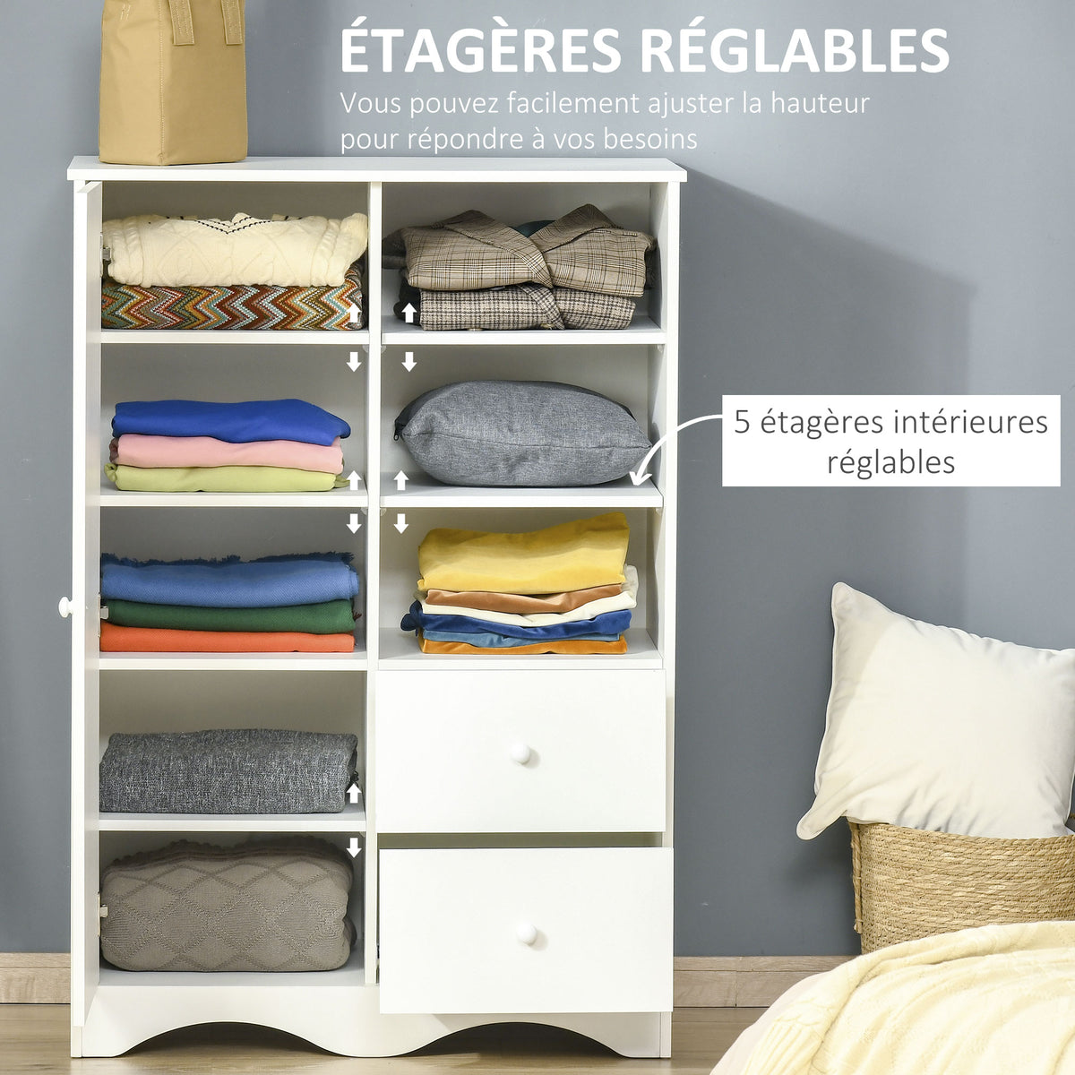 Armoire avec Porte et 5 étagères, 3 niches, 2 tiroirs, meuble de rangement blanc pour chambre, salon, bureau-6