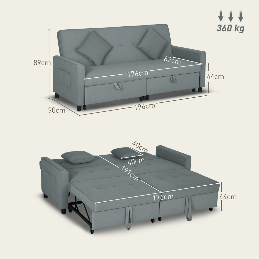 Canapé convertible 3 places canapé-lit clic-clac réversible avec dossier réglable et coussins, 196 x 90 x 89 cm, gris-2
