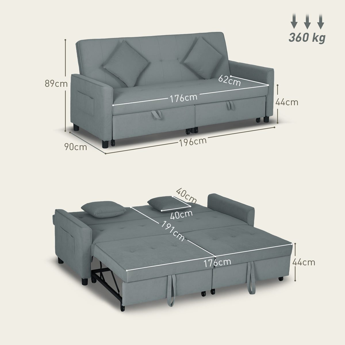 Canapé convertible 3 places canapé-lit clic-clac réversible avec dossier réglable et coussins, 196 x 90 x 89 cm, gris-2