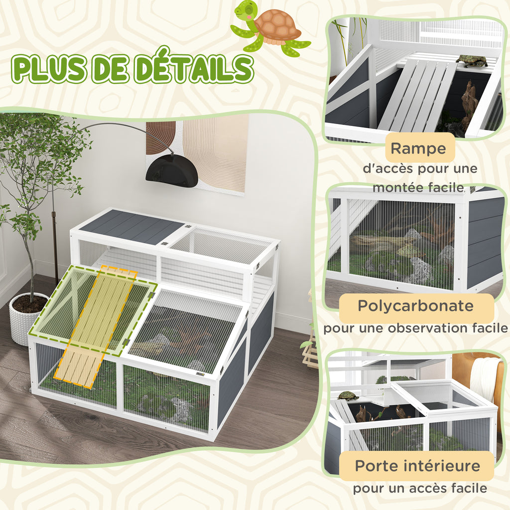 Maison enclos cage pour petit animal tortue avec 2 espaces toit en polycarbonate 3 portes rampe 115 x 115 x 82 cm gris-6