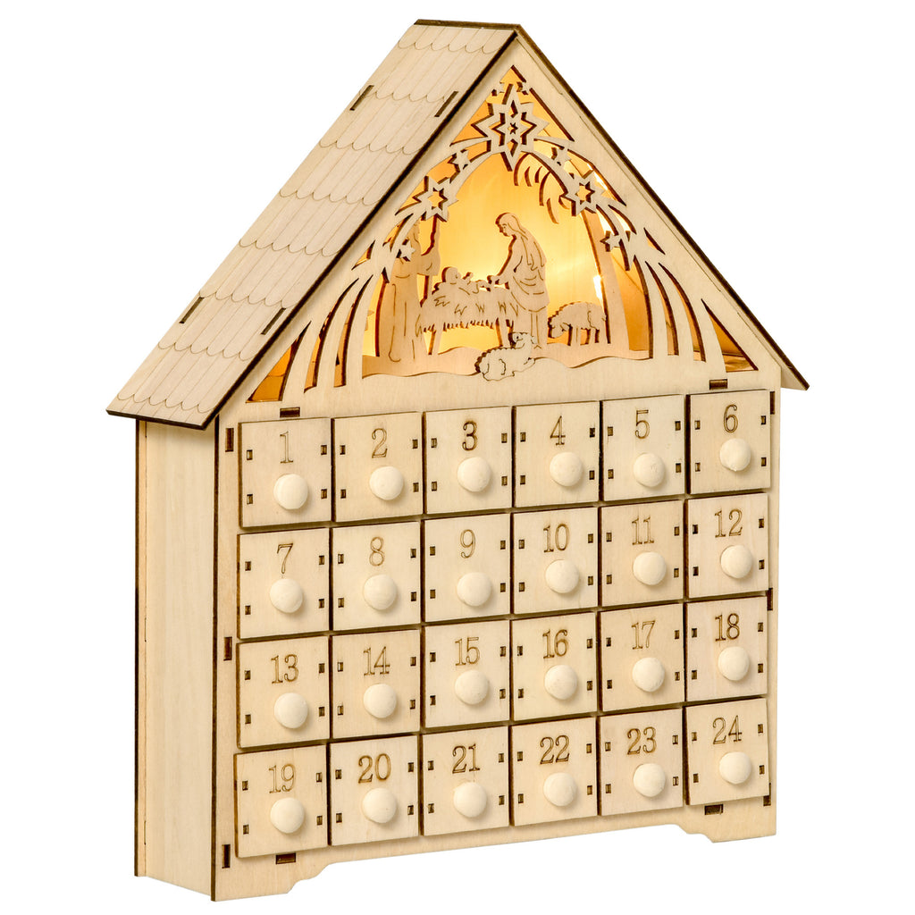 Calendario dell’Avvento in legno con 24 cassetti e presepe LED