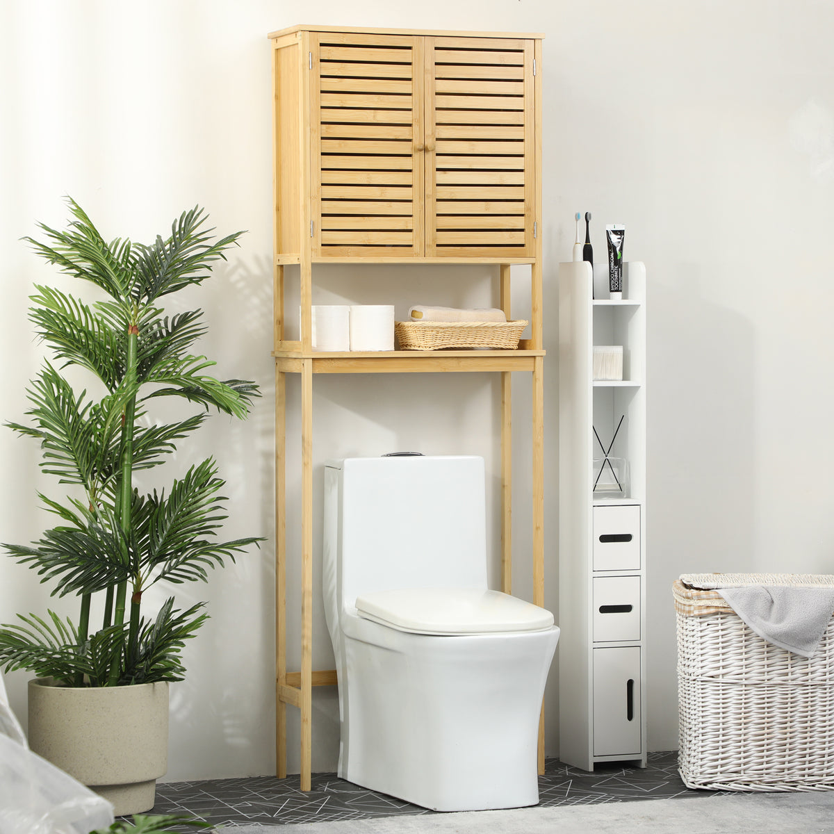 Étagère de toilettes meuble de salle de bain dessus toilette WC avec placard 2 portes et étagère ouverte 60 x 23 x 173 cm bambou-1