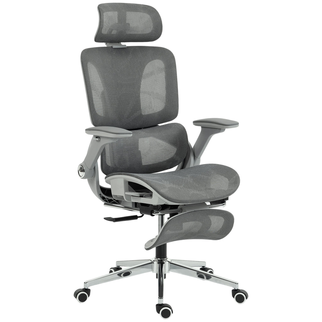 Chaise Bureau Ergonomique avec Accoudoirs 4D Appui-Tête et Profondeur d'Assise Réglables Maille Gris-0