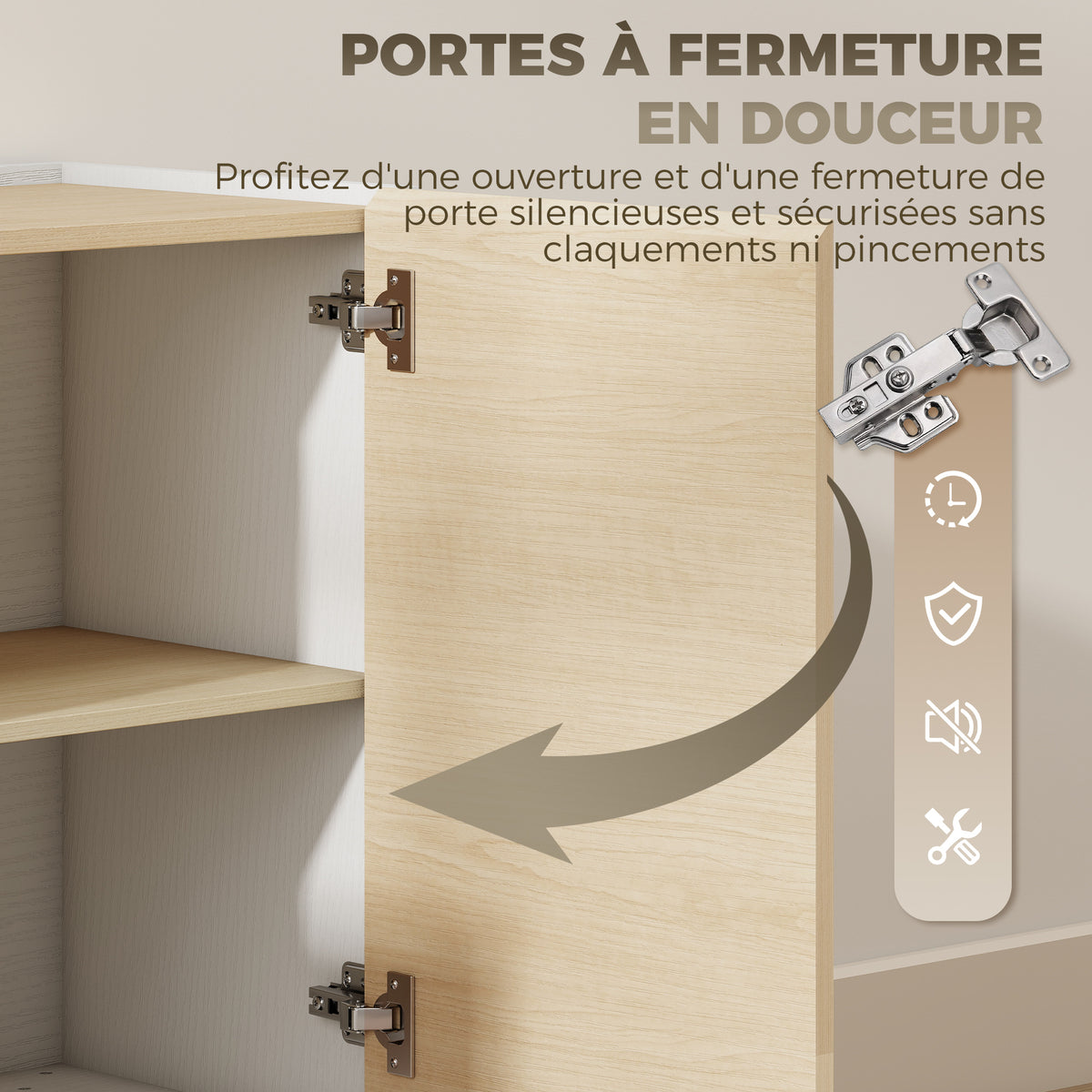 Buffet cuisine, meuble de rangement nordique, 3 portes à fermeture douce, 6 compartiments, bois naturel et blanc-6