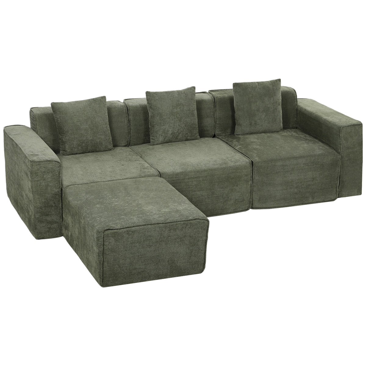 Canapé 3 Places avec Pouf Réversible, Canapé d'Angle Modulable en Chenille 251 cm Moderne, Assise Large, Vert-0