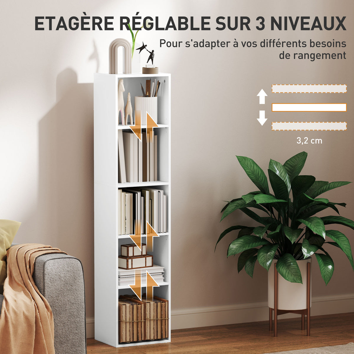 Bibliothèque étagère de rangement 5 niveaux avec étagères réglables pour salon, chambre, bureau, 30x24x133,5cm, blanc-4