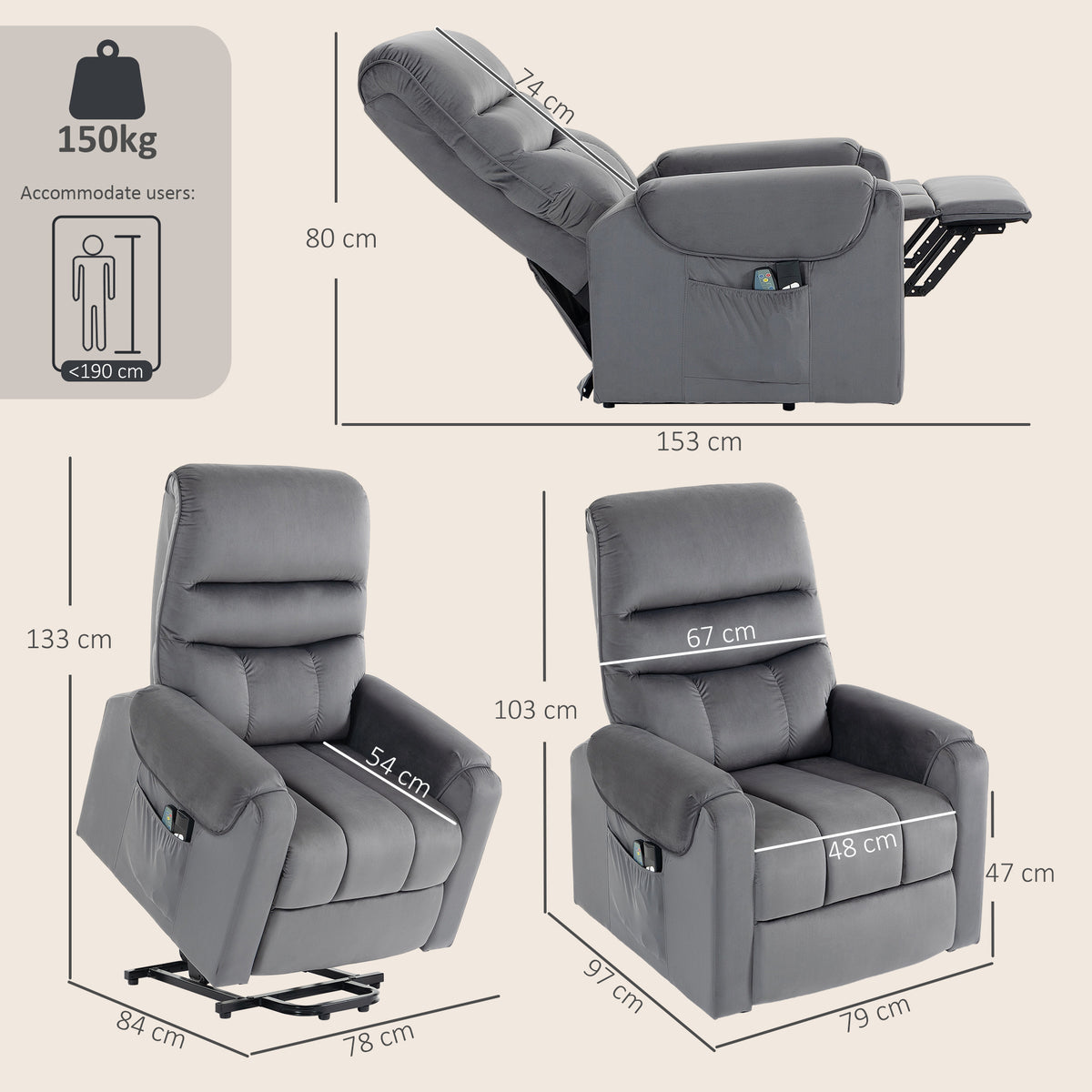 Fauteuil releveur électrique massage vibration et chaleur, fauteuil relax électrique en velours, gris foncé-2