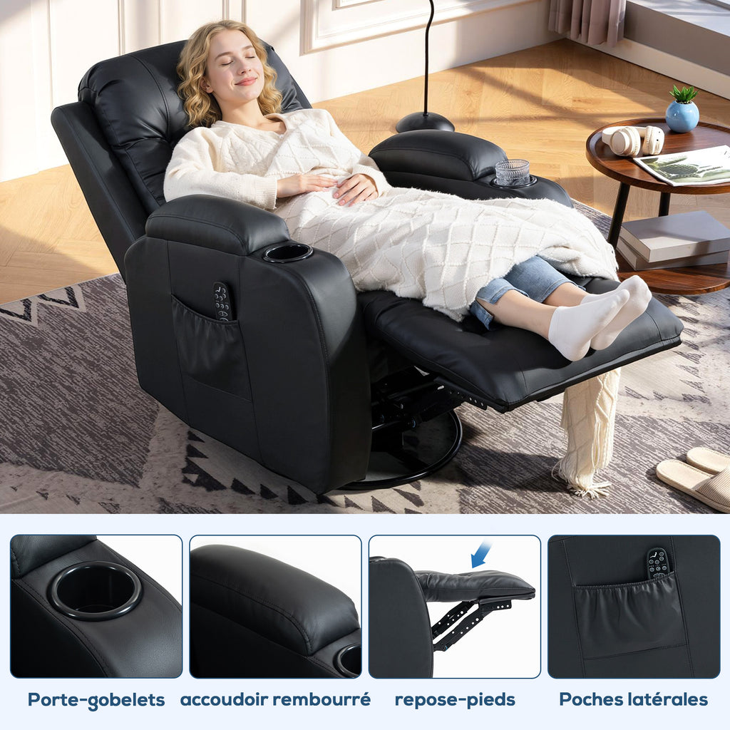 Fauteuil inclinable de massage et chauffage, fauteuil de relaxation, dossier réglable, pivotant 360°, 82x99x103cm, noir-6