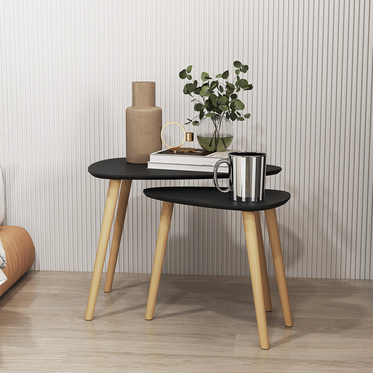 Lot de 2 tables basses gigognes design scandinave pieds en bois et plateau en bois, noir-9
