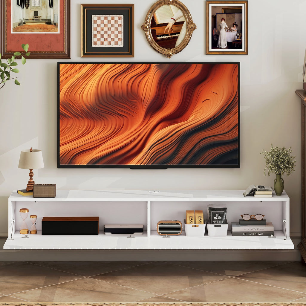 Meuble TV suspendu 140cm, meuble télé pour téléviseur 72 pouces, 2 portes rabattables, 140x25x22cm, blanc-6