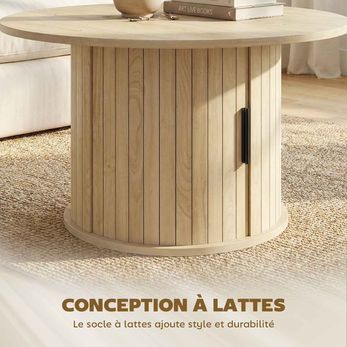 Table basse ronde, table de salon avec rangement, porte coulissante à lattes, 2 étagères, effet bois naturel-3