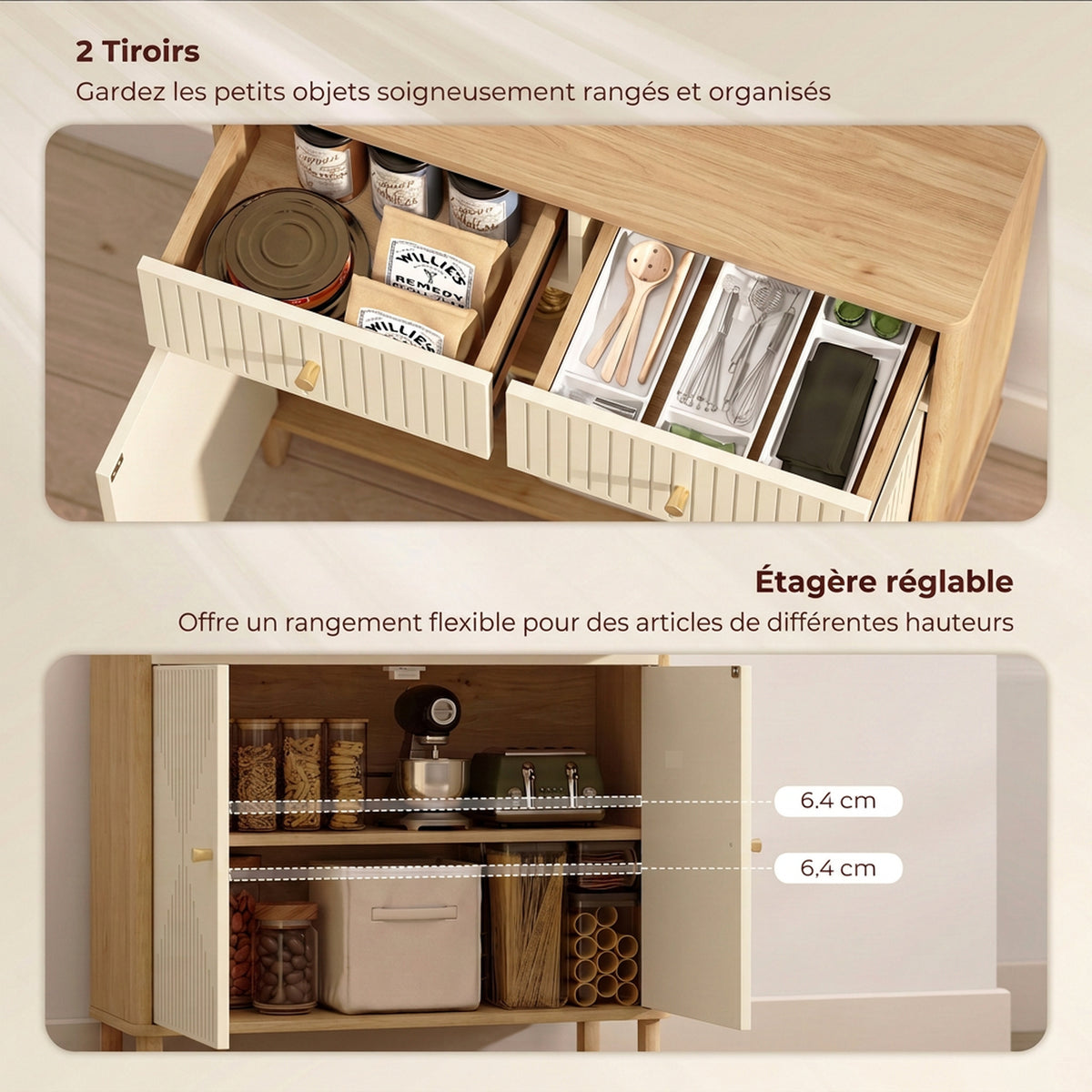 Buffet, meuble de rangement cannelé avec plateau effet chêne, 2 tiroirs, 2 portes, étagère réglable, 77x30x80cm, crème-5