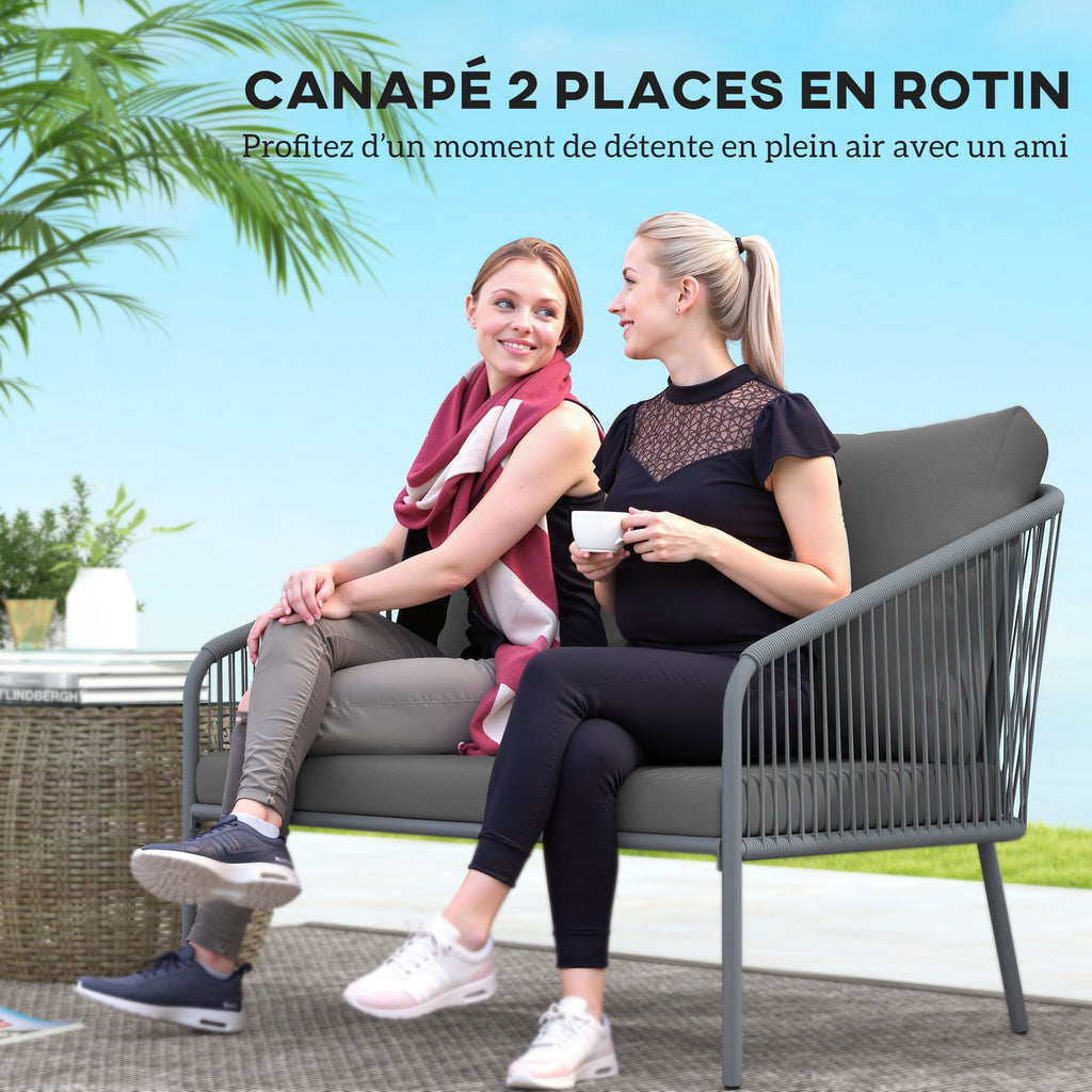 Canapé de jardin 2 places en résine tressée avec coussins canapé d'extérieur accoudoirs cadre en acier 112x72x76cm gris-3