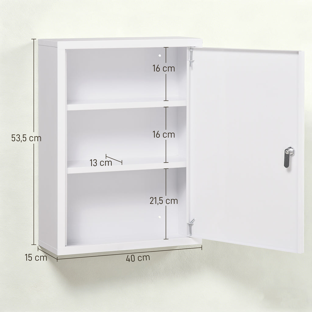 Armoire à pharmacie murale en acier, armoire à médicaments à 3 niveaux porte verrouillable 2 clés, 40x15x53,5cm, blanc-2