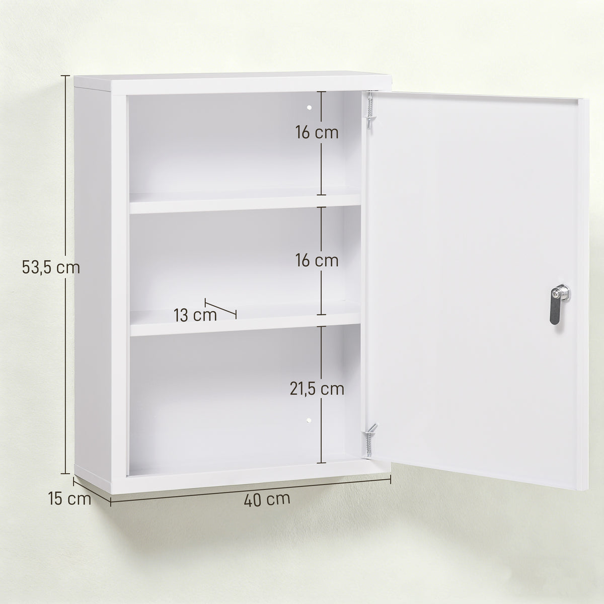 Armoire à pharmacie murale en acier, armoire à médicaments à 3 niveaux porte verrouillable 2 clés, 40x15x53,5cm, blanc-2