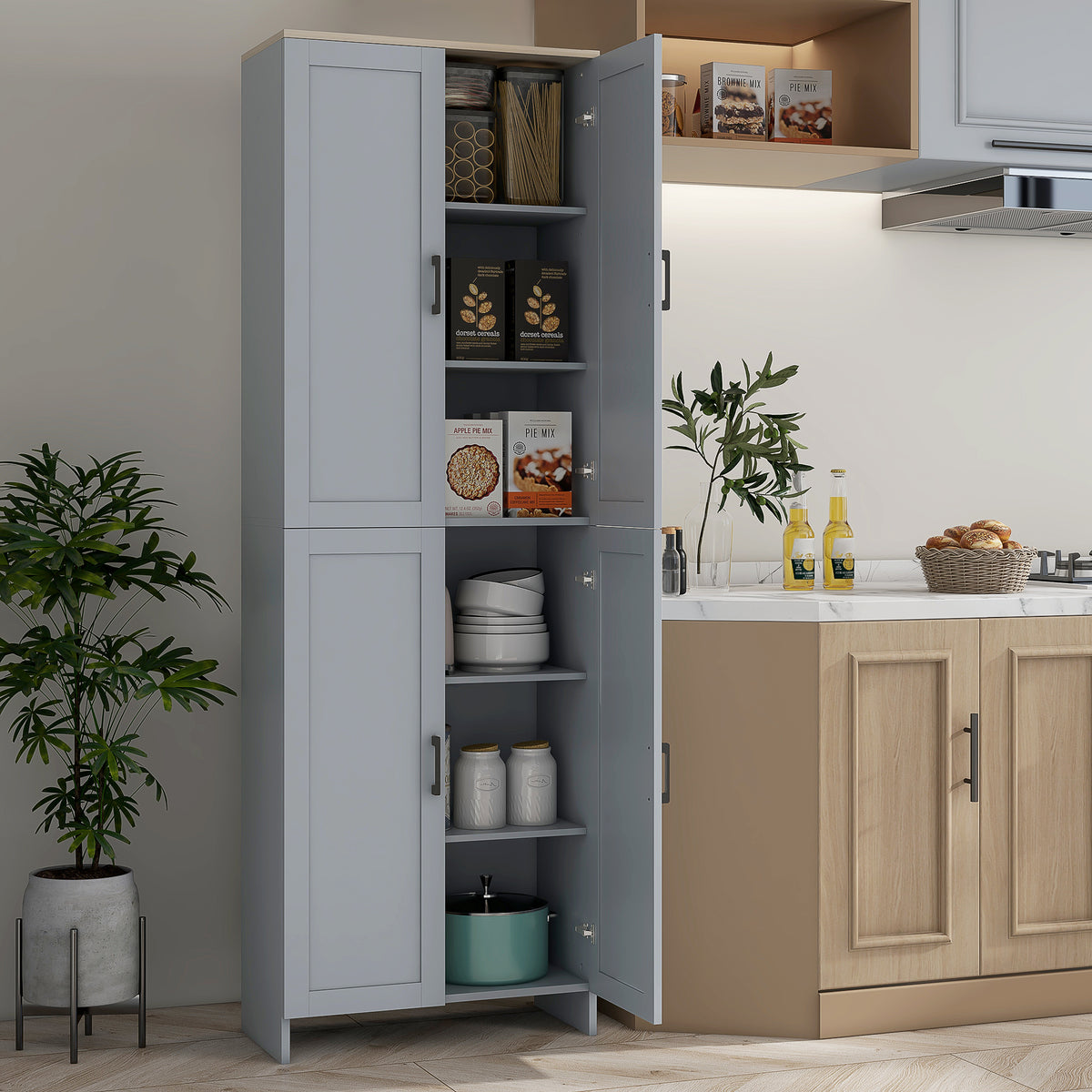 Armoire de cuisine hauteur 170 cm buffet haut avec 4 portes et étagères ajustable, design moderne, gris-9