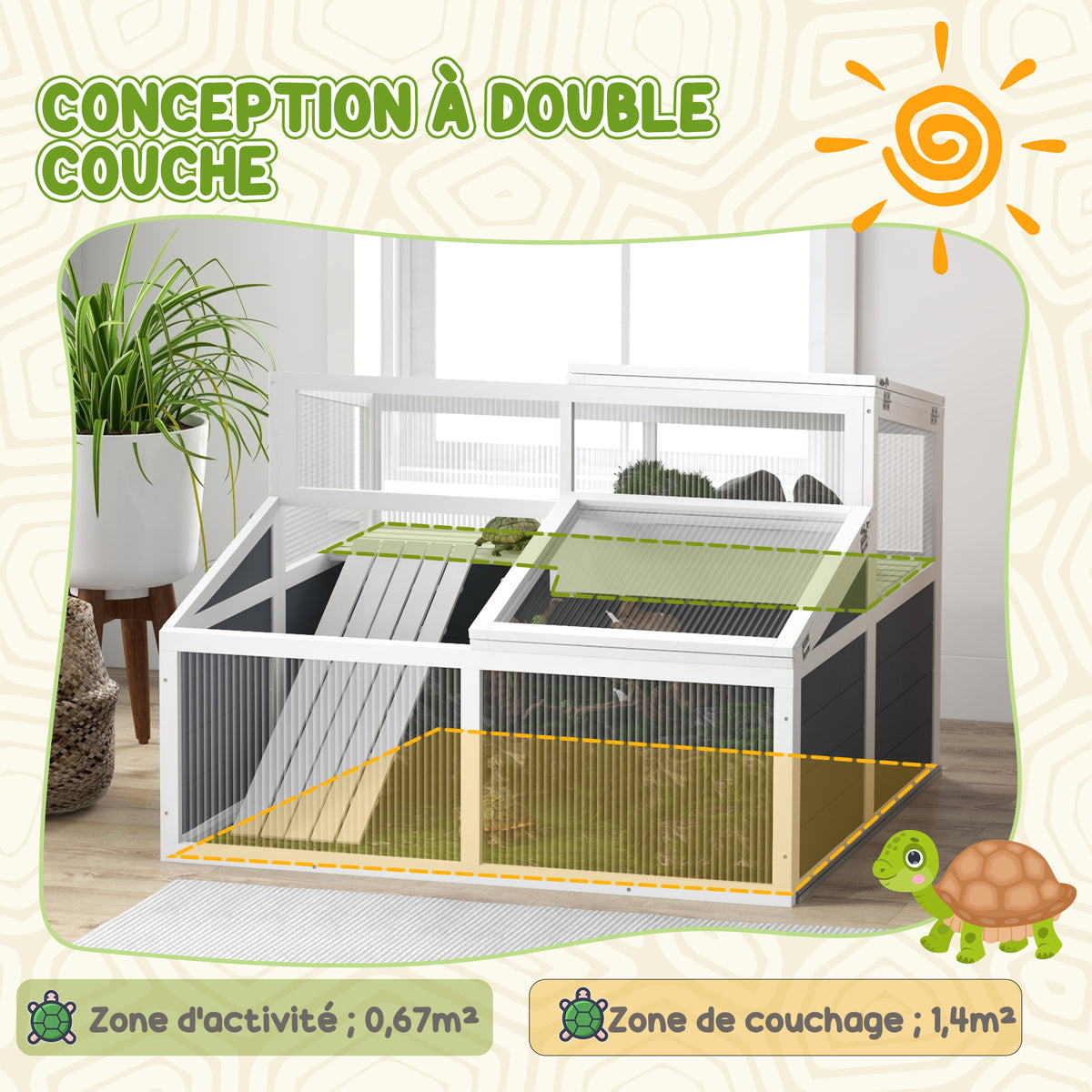 Maison enclos cage pour petit animal tortue avec 2 espaces toit en polycarbonate 3 portes rampe 115 x 115 x 82 cm gris-3