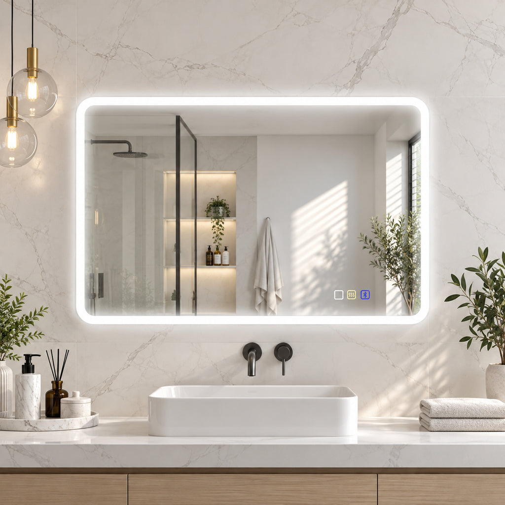 Miroir salle de bain LED bluetooth 70 x 90 cm interrupteur tactile lumière réglable 3 couleurs anti-buée mémoire argent-9