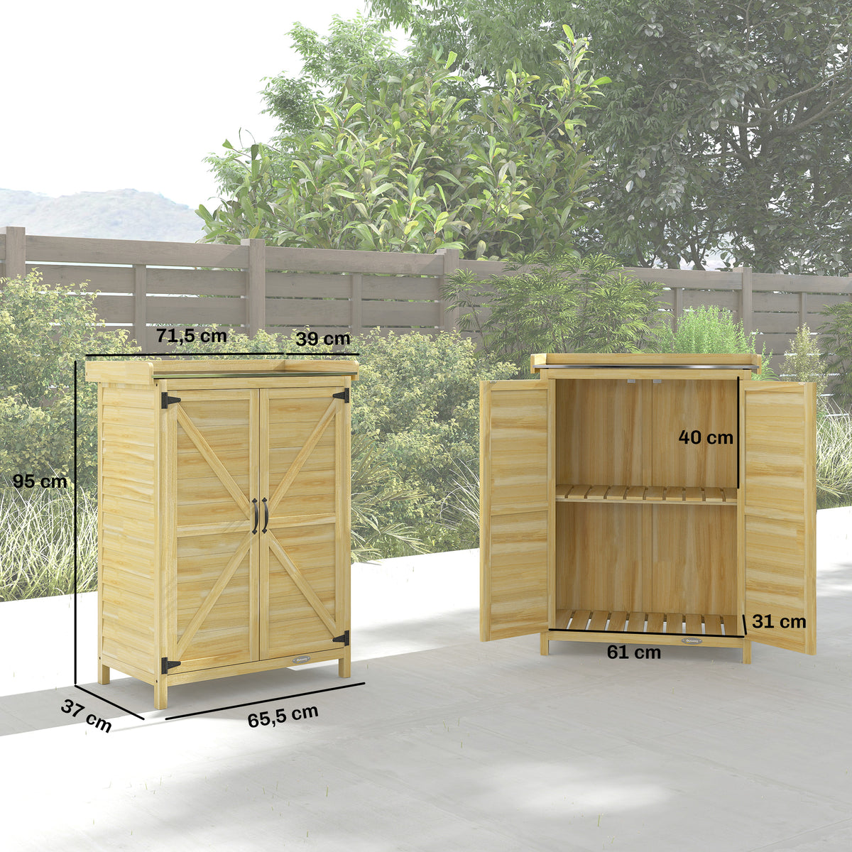 Armoire de jardin, armoire extérieure de rangement en bois, plan de travail en métal galvanisé, 71,5x39x95cm, naturel-2