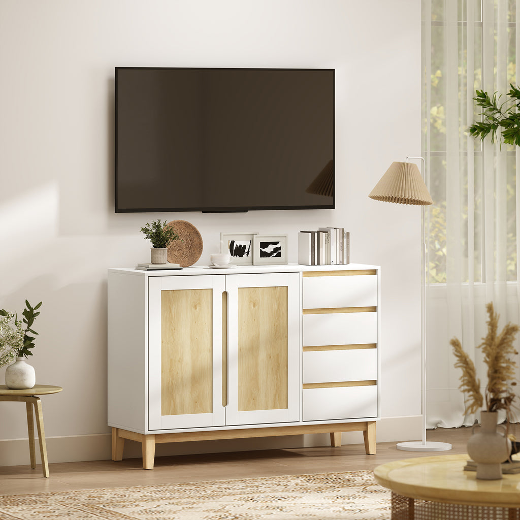 Buffet, meuble de rangement avec 2 portes et 4 tiroirs, étagère réglable, 120 x 40 x 86 cm, blanc et chêne-7